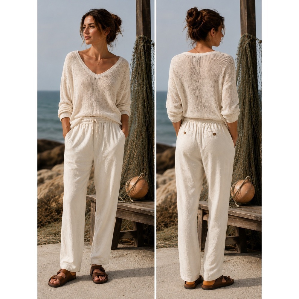Linen Blend Drawstring Pants Fisherman Beachy Resort Pockets White Womens‎ M NEW